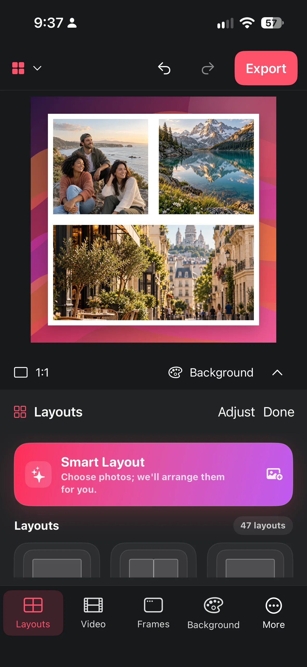 Collage Easy iPhone editor with visible Layouts, Video, Frames and Background tools