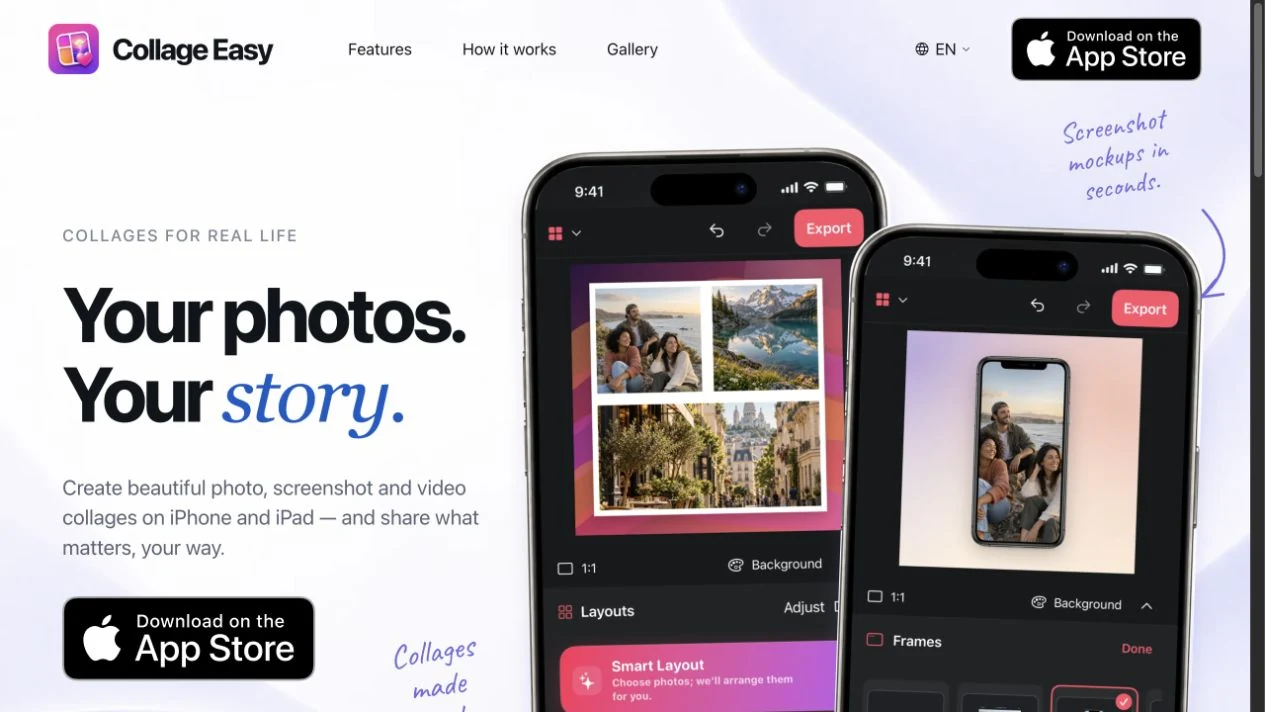 The new Collage Easy website, with expressive typography, real iPhone editor previews and a clear App Store link