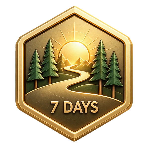 Golden seven-day medal with a path through the forest